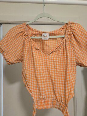 Linennaive Crop Top Gingham orange puff sleeve top with tie straps XS